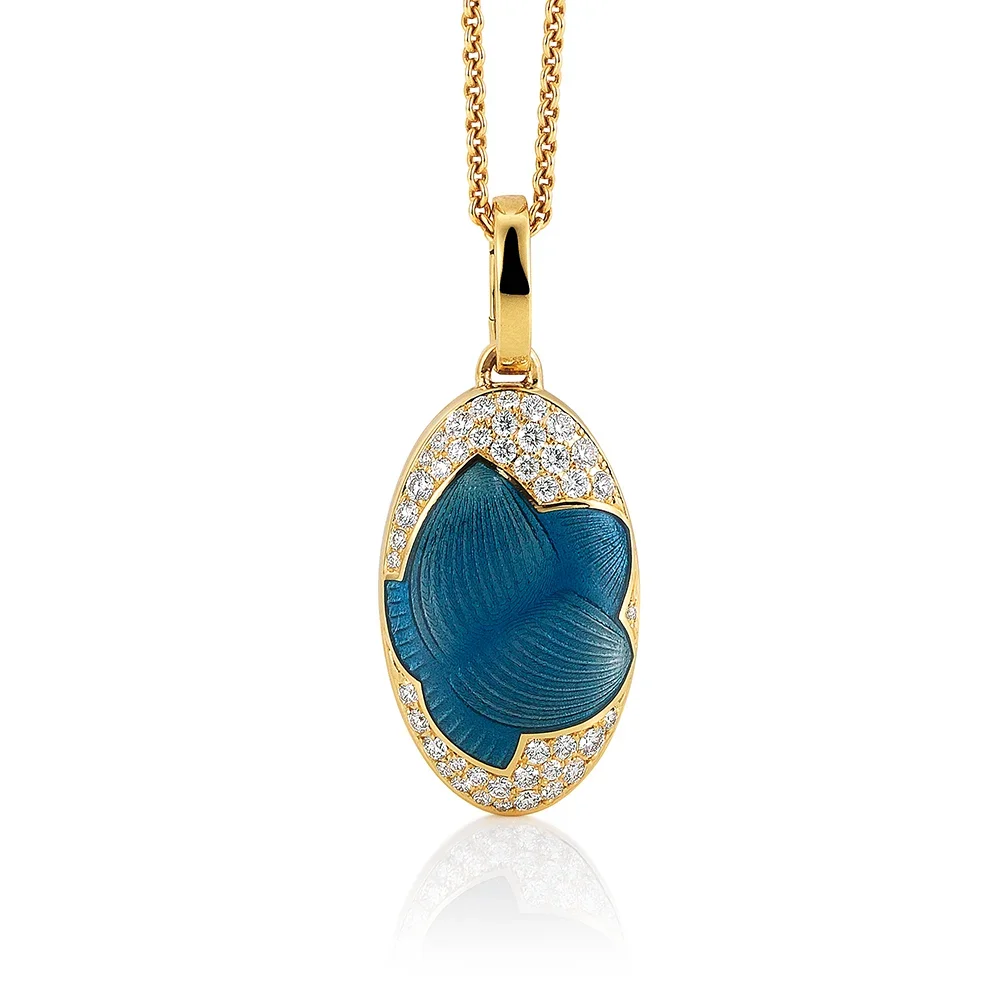 Medaillon aus Gelbgold blau gefärbt und verziert mit Brillanten