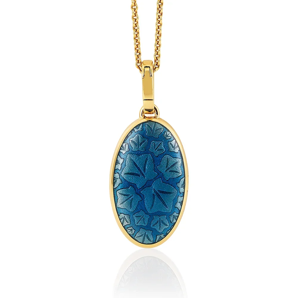 Medaillon aus Gelbgold blau gefärbt und verziert mit Brillanten