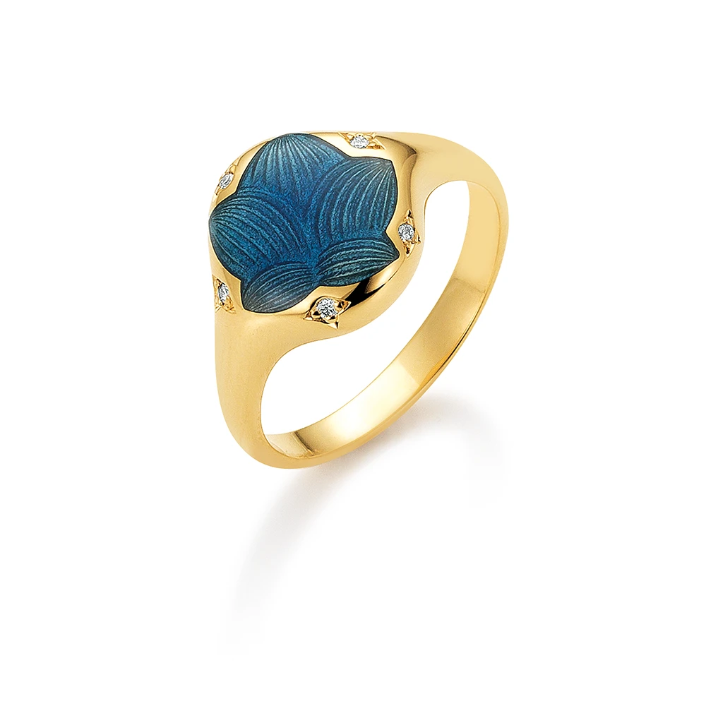 Ring aus Gelbgold blau gefärbt oval und verziert mit Brillanten