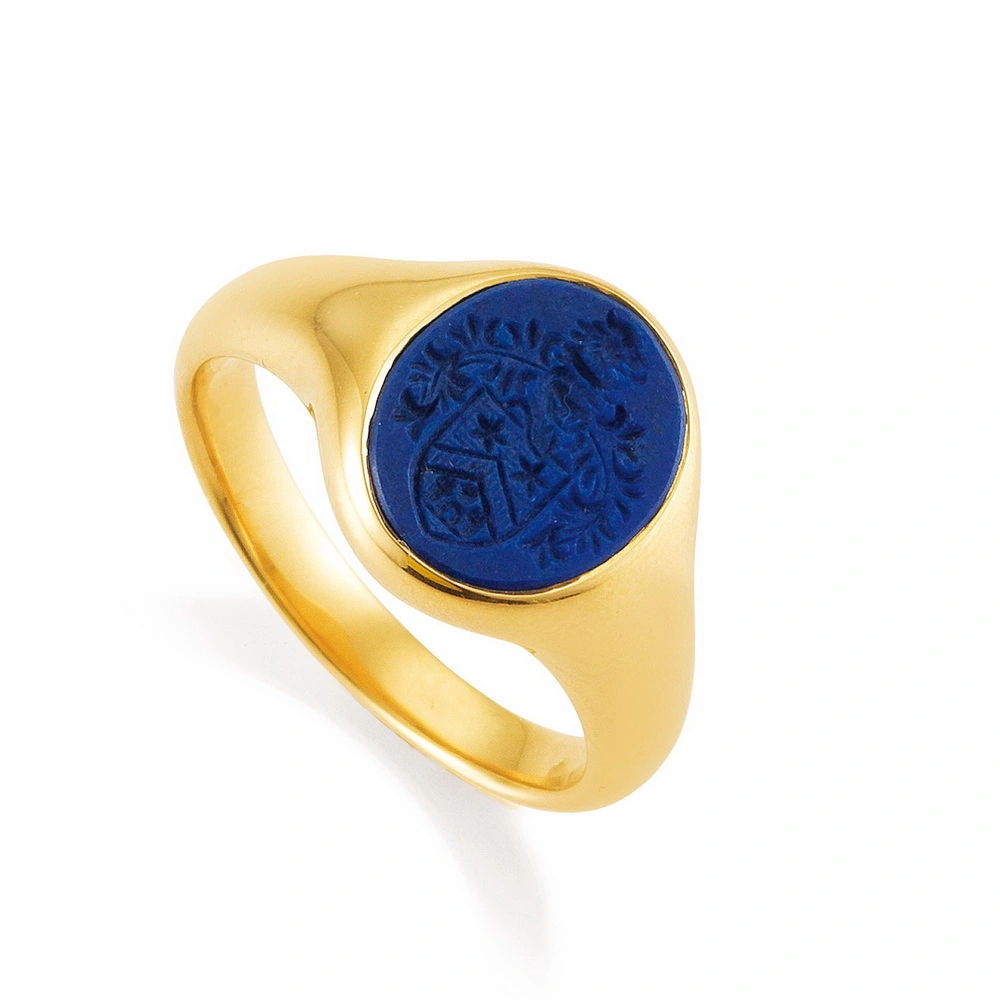 Siegelring in Gelbgold, blauer Edelstein, rund, Gravur Wappen