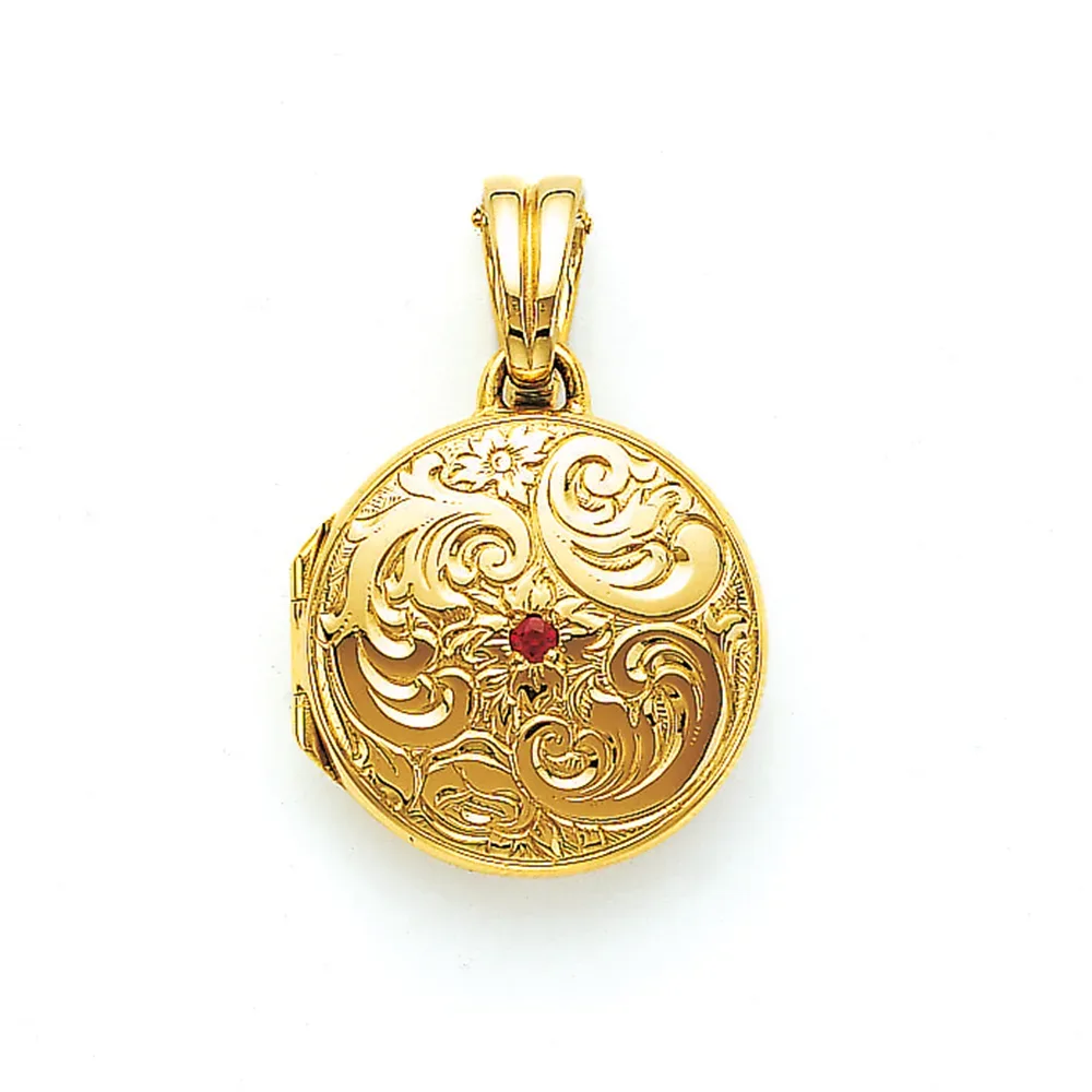 Rundes Medaillon-Collier in Gelbgold mit floralem Dekor und kleinem rotem Edelstein im Zentrum