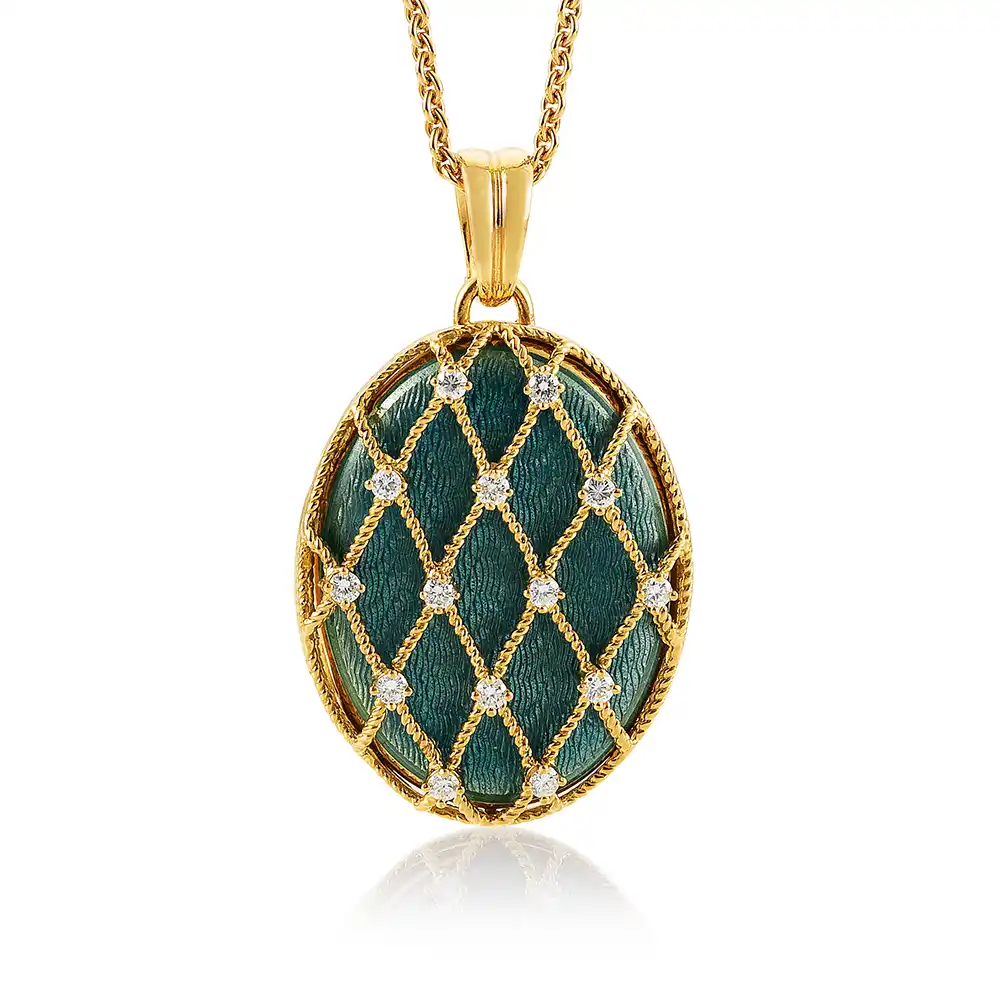 Ovales Medaillon-Collier in Gelbgold, hellblau lackiert und mit Brilllanten bestezt