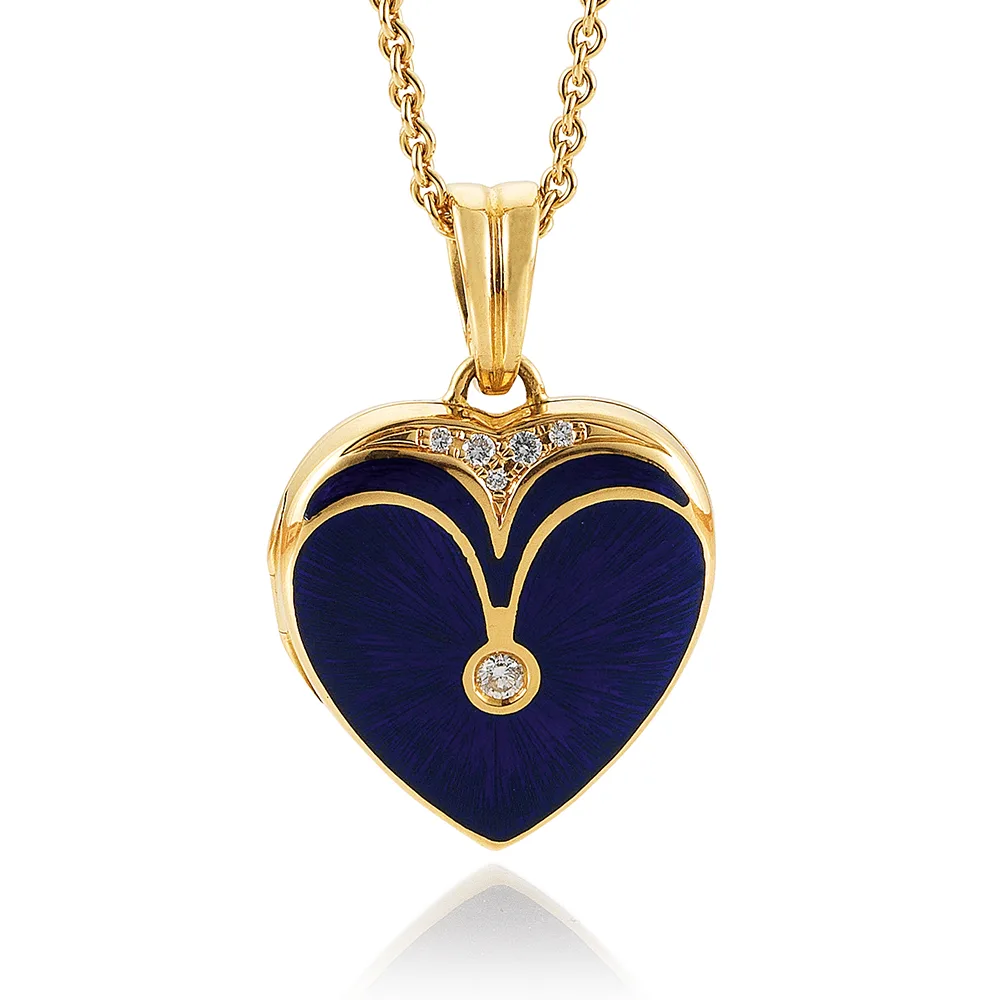 Herzförmiges Medaillon-Collier aus Gelbgold, dunkelblau lackiert und mit Brillanten besetzt