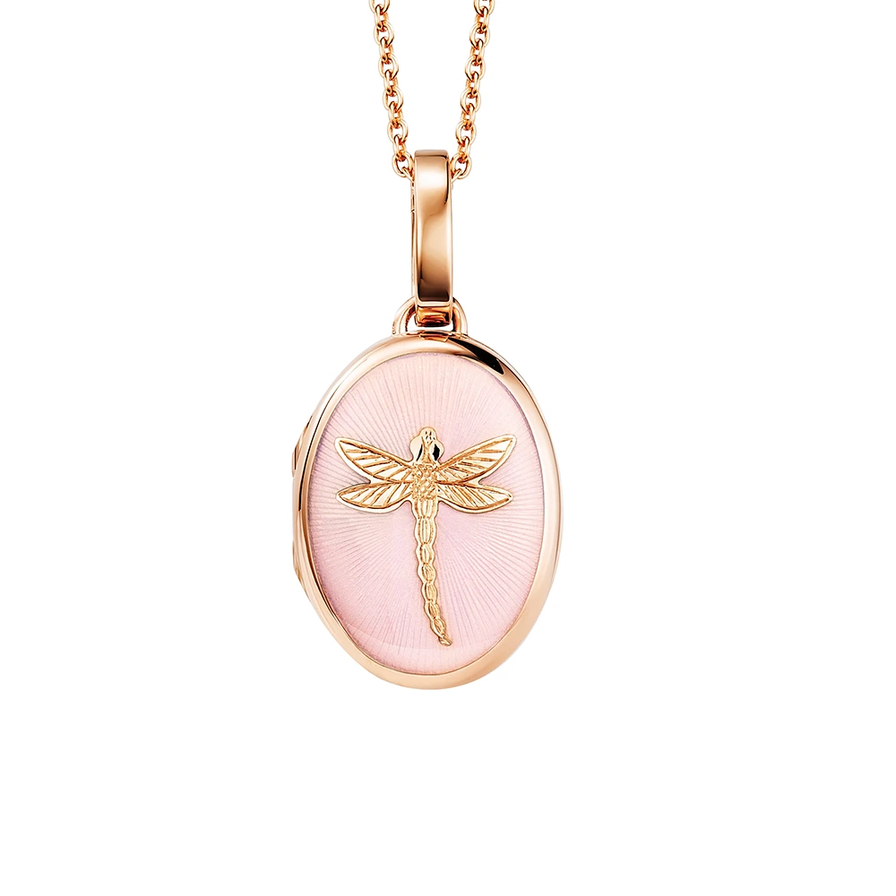 Ovales Medaillon-Collier in Roségold rosaner lackeirung und stilisierter Libelle