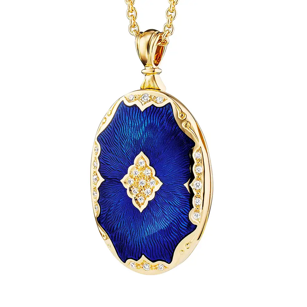 Ovales Medaillon-Collier in Gelbgold, blau lackiert mit Brilllanten bestezt