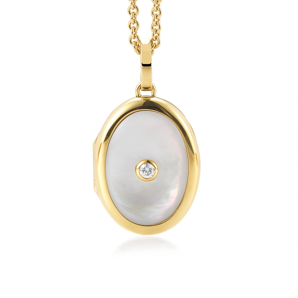Ovales Medaillon-Collier in Gelbgold, weißer Edelstein und ein Brillant