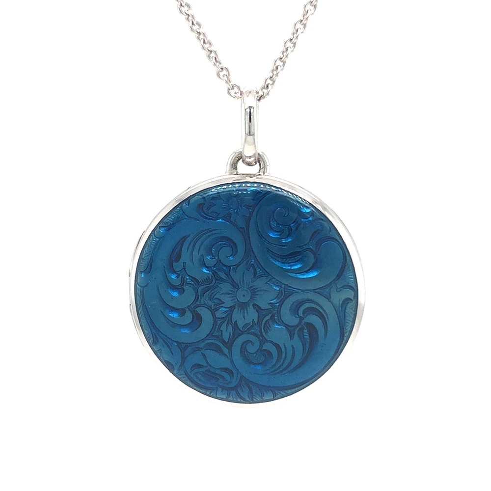 Rundes Medaillon-Collier in Weißgold, blau lackiert und einer gravur
