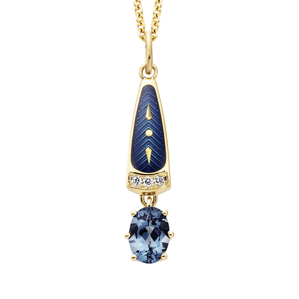 Golden pendant with an oval blue stone and a row of small diamonds next to it. The body of the pendant is blue.