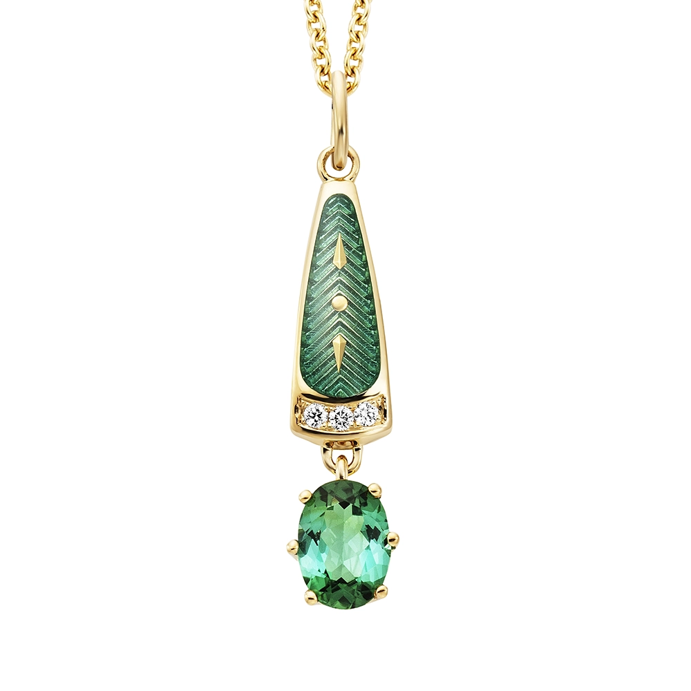 Goldener Anhänger mit einem ovalen grünen Stein und einer Reihe von kleinen Diamanten daneben. Der Körper des Anhängers ist grün.