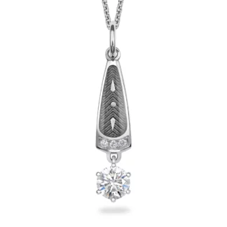 Pendant with one larger round white gemstone and a row of small white gemstones next to it. The body of the pendant is grey.