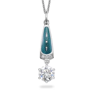 Pendant with one larger round white gemstone and a row of small white gemstones next to it. The body of the pendant is turquoise.