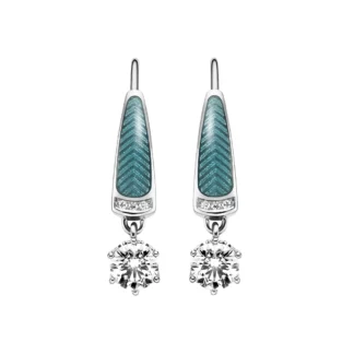 Earrings with two round white stone and a row of small diamonds next to it. The body of the earrings is turquoise.