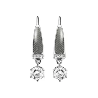 Earrings with two round white stone and a row of small diamonds next to it. The body of the earring is grey.