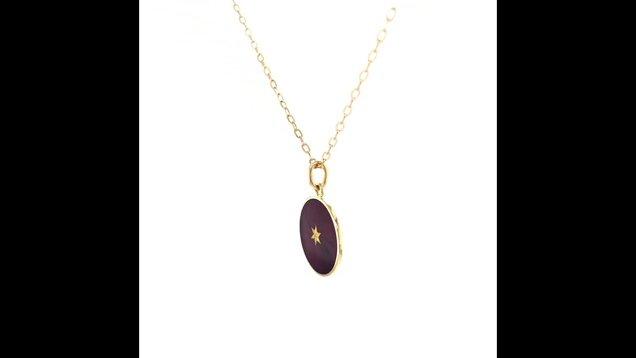 DE Pendant Diskos, 18k yellow gold, aubergine enamel, star-shaped gold paillon, Ø 15 mm, v1728-ar-102 