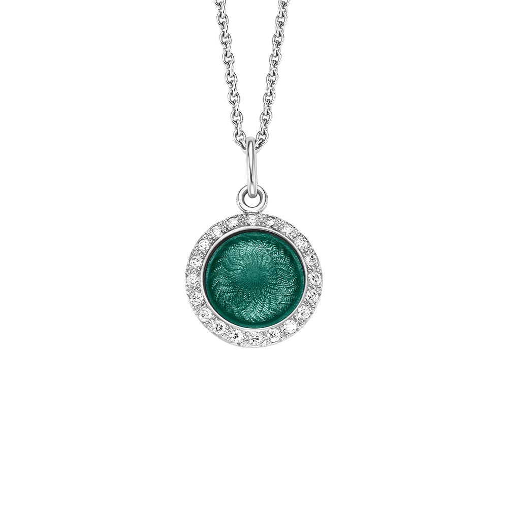 Pendant Candy in white gold with a round, slightly domed shape, emerald green enamel in a windmill pattern and 20 diamonds, diameter 12.2 mm.