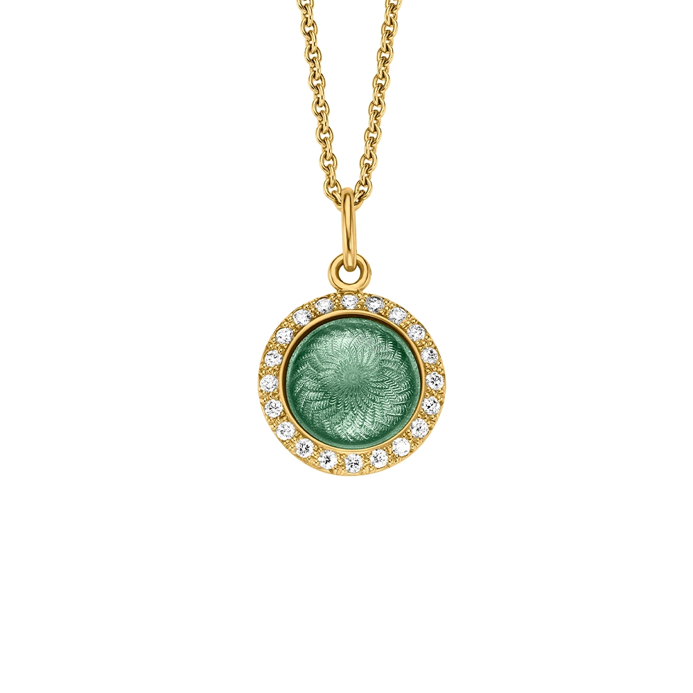 Pendant Candy in yellow gold with a round, slightly domed shape, light turquoise enamel in a windmill pattern and 20 diamonds, diameter 12.2 mm.