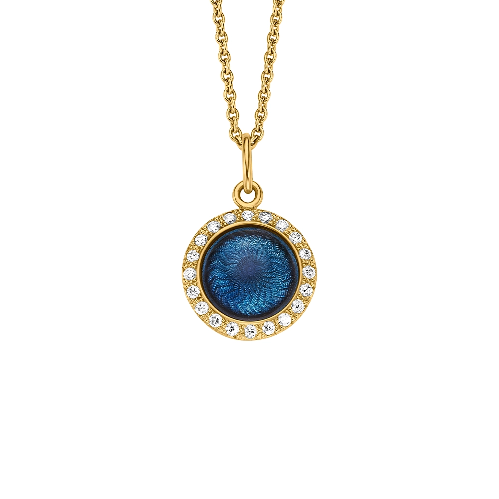 Pendant Candy in yellow gold with a round, slightly domed shape, medium blue enamel in a windmill pattern and 20 diamonds, diameter 12.2 mm.