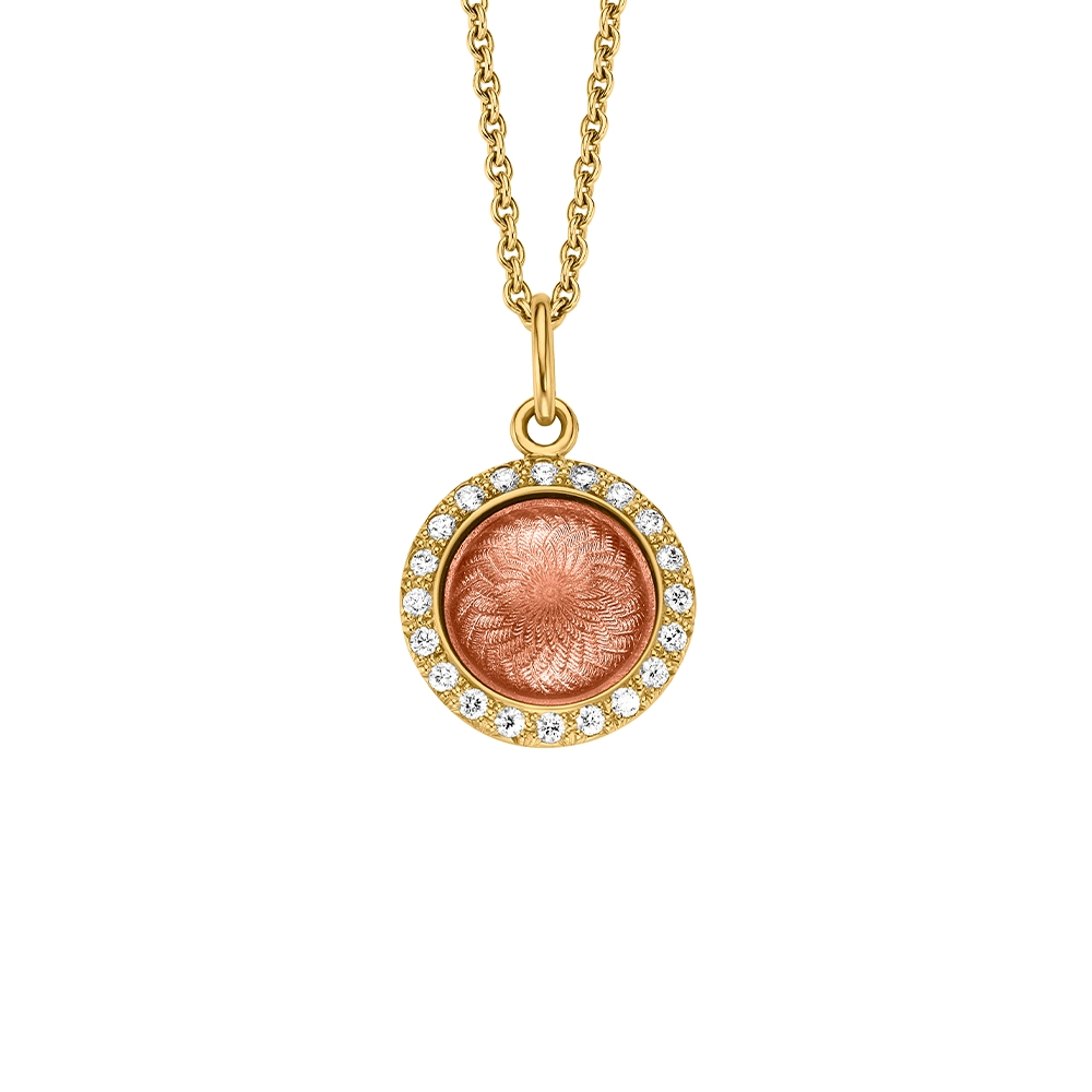 Pendant Candy in yellow gold with a round, slightly domed shape, pink enamel in a windmill pattern and 20 diamonds, diameter 12.2 mm.