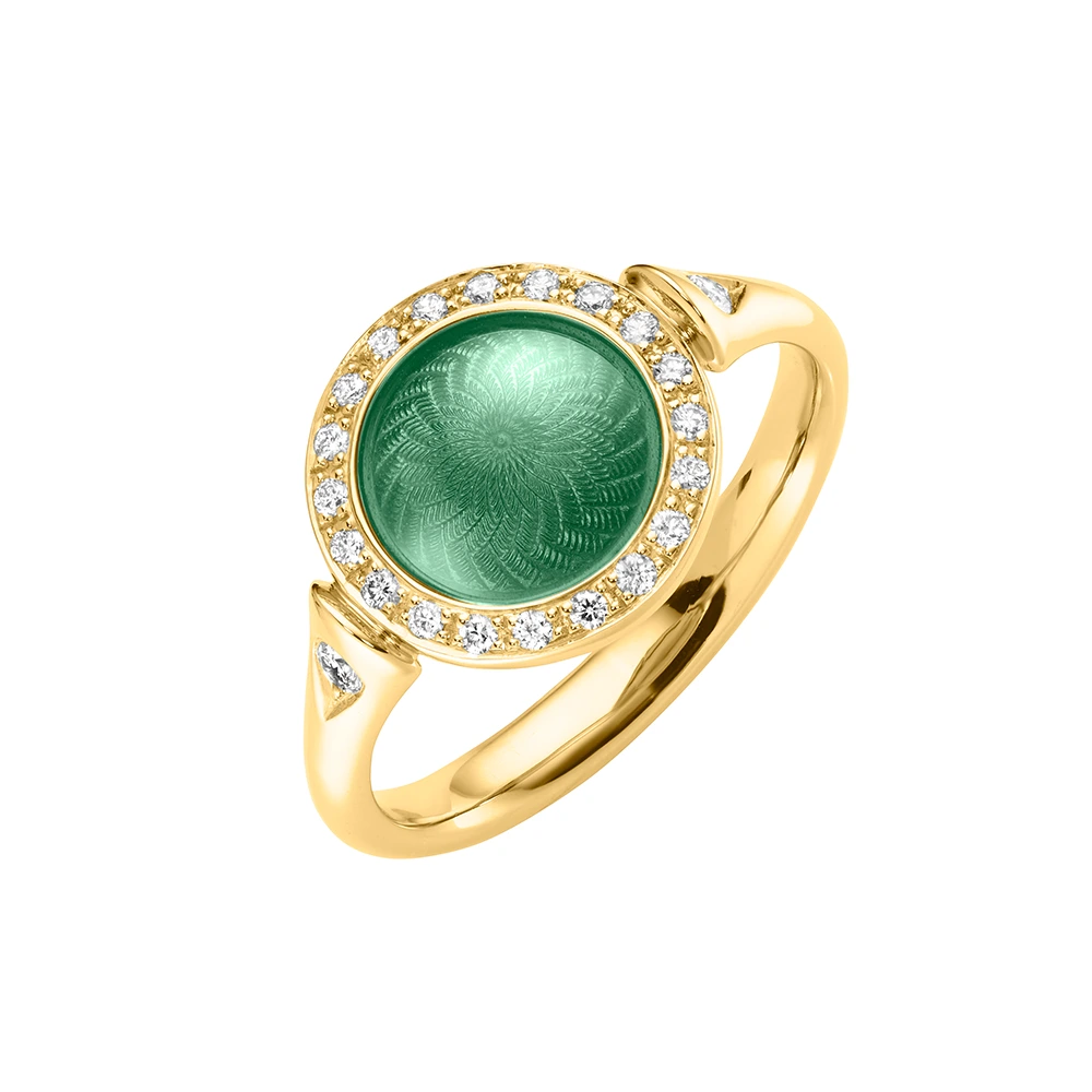 Ring Candy aus Gelbgold mit rundem, leicht gewölbtem Kopf, helltürkisfarbener Emaille im Windmühlenmuster und 22 Brillanten, Durchmesser 12,2 mm.