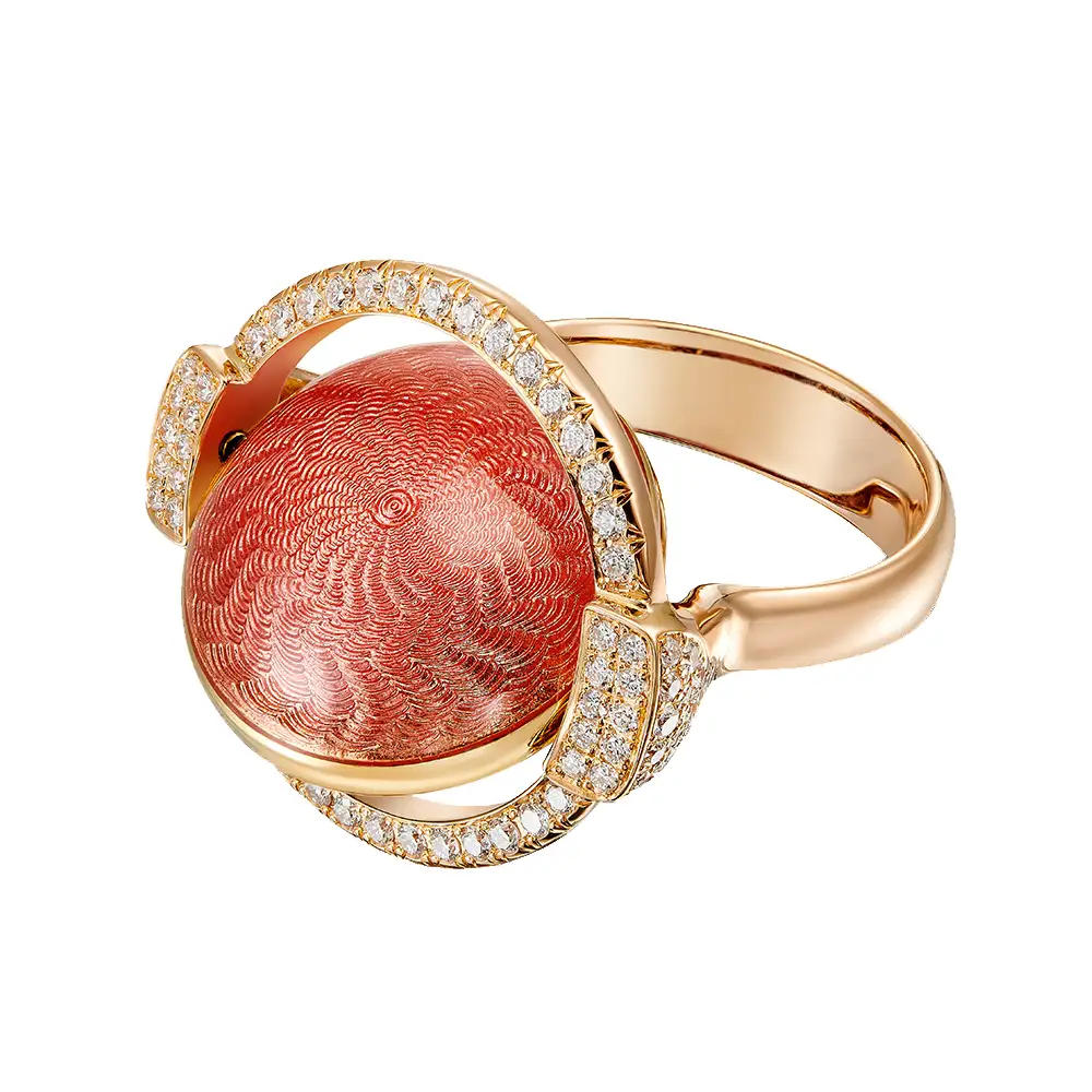 Swivel ring Candy in rose gold with a round domed centre lens that can be turned to show pink or purple enamel, decorated with a windmill guilloché pattern and framed with 78 diamonds, 20 x 22 mm.