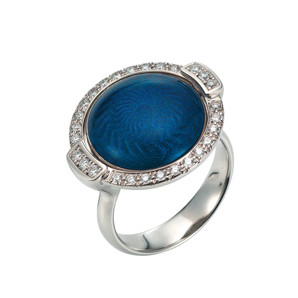 Drehring Candy aus Weißgold mit rundem 20 x 22 mm Ringkopf, gewölbter Fläche in Tahitigrau und Petrolblau Emaille über Windmühlen-Guilloché, eingefasst von 28 Brillanten.