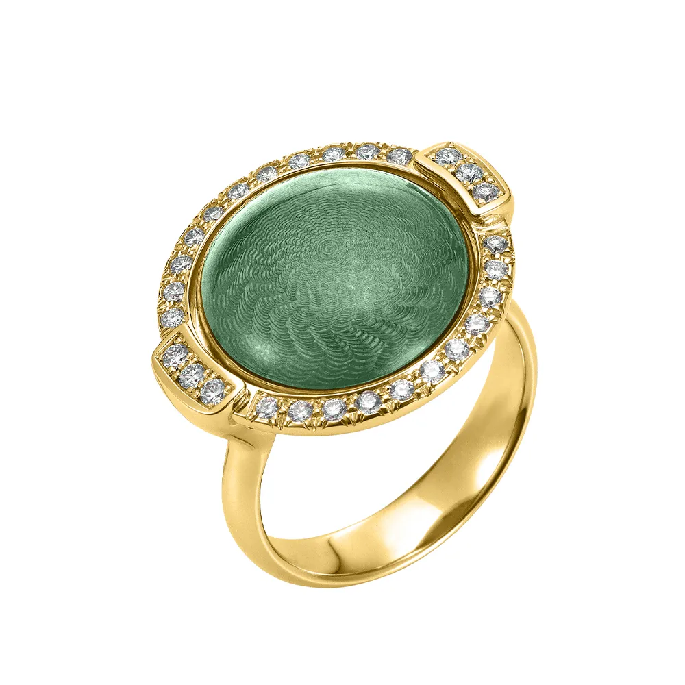 Swivel ring Candy in yellow gold with a round domed centre lens that can be turned to show light turquoise or emerald green enamel, decorated with a windmill guilloché pattern and framed with 28 diamonds, 20 x 22 mm.