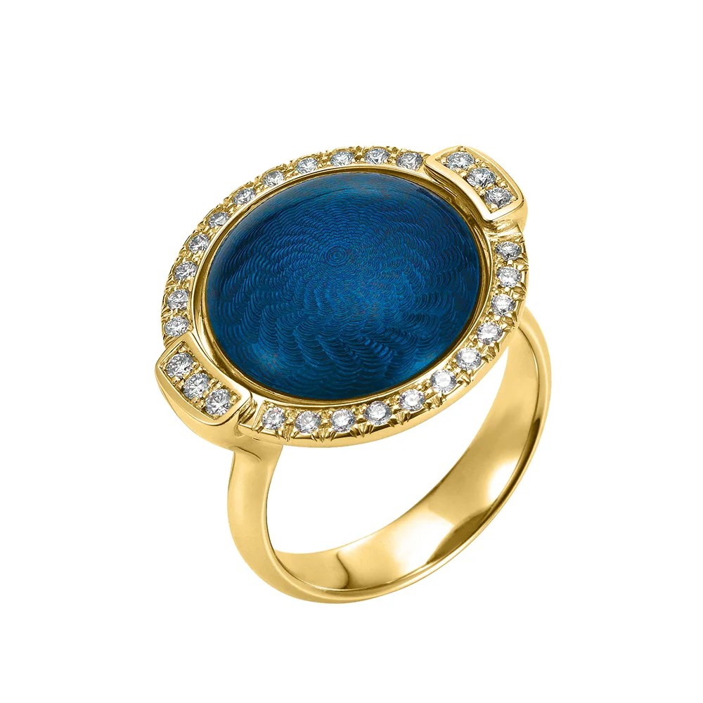 Swivel ring Candy in yellow gold with a round domed centre lens that can be turned to show medium blue or pastel green enamel, decorated with a windmill guilloché pattern and framed with 28 diamonds, 20 x 22 mm.