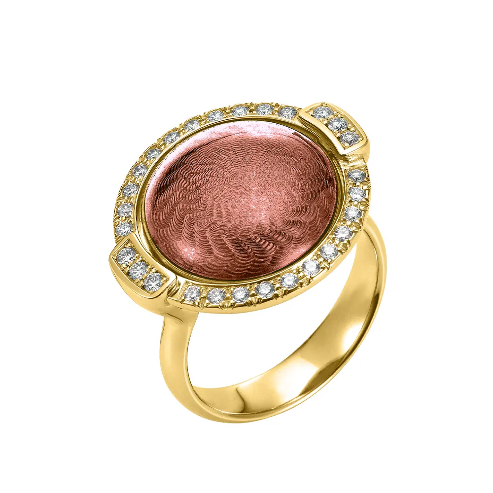 Drehring Candy aus Gelbgold mit drehbarer Linse, rosafarbenem und purpurnem Emaille, Windmühlenmuster und 28 Brillanten, Größe 22 x 20 mm.