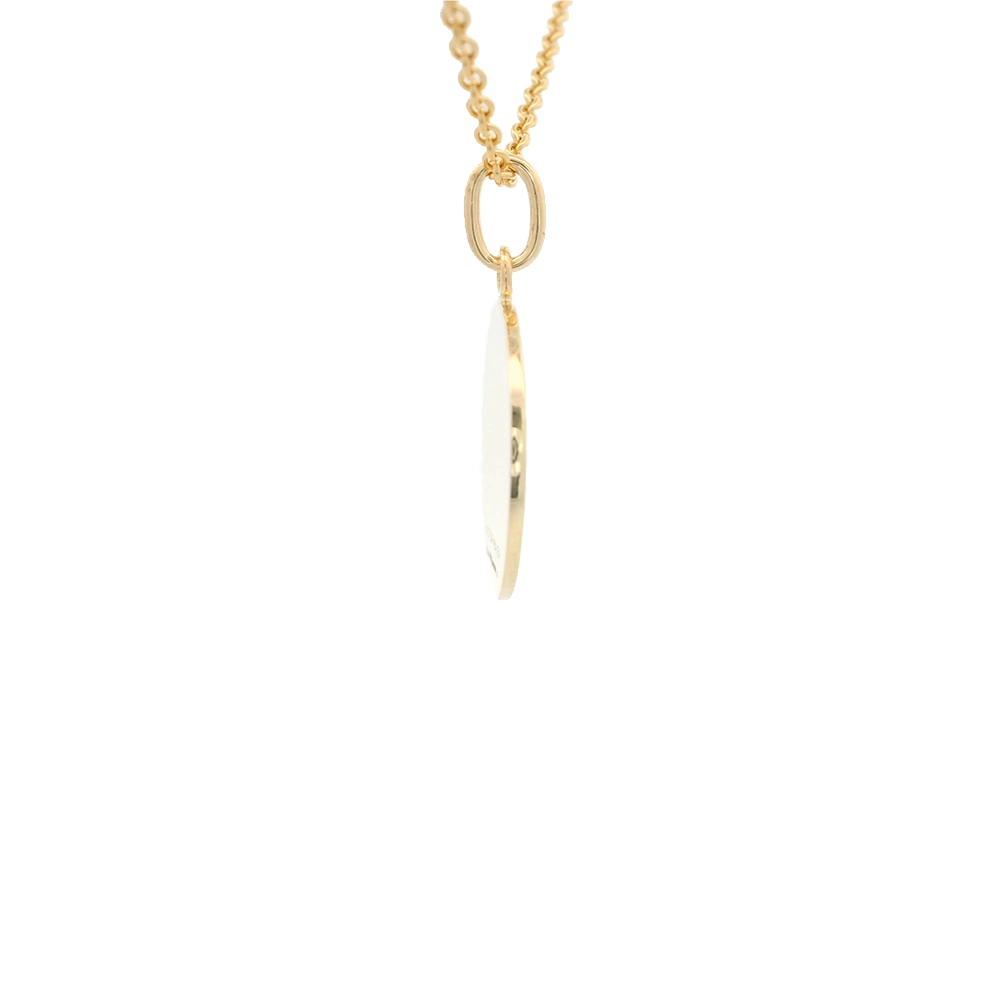 Kleiner runder Anhänger aus Gelbgold, etwa so groß wie eine kleine Münze. Die Vorderseite schimmert rosa in durchscheinender Emaille mit feinem Wellenmuster. In der Mitte ist ein winziges sechseckiges Goldplättchen eingelassen, das die Buchstaben V und M als Relief zeigt.