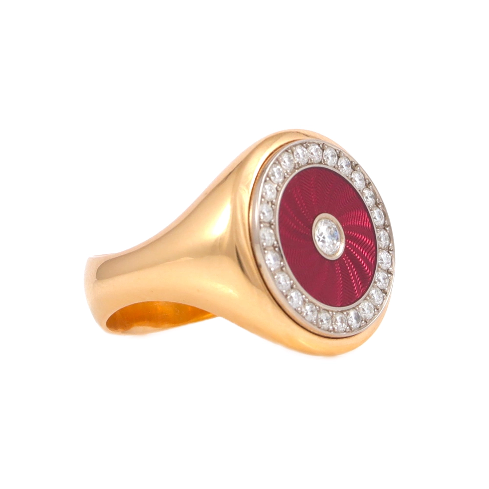 Elegant round ring made of rose gold with a light red translucent enamel surface showing a fine wave pattern. The enamel is framed by 25 sparkling diamonds. The shank is tapered below the head and widens on the underside for comfort and a distinctive look.