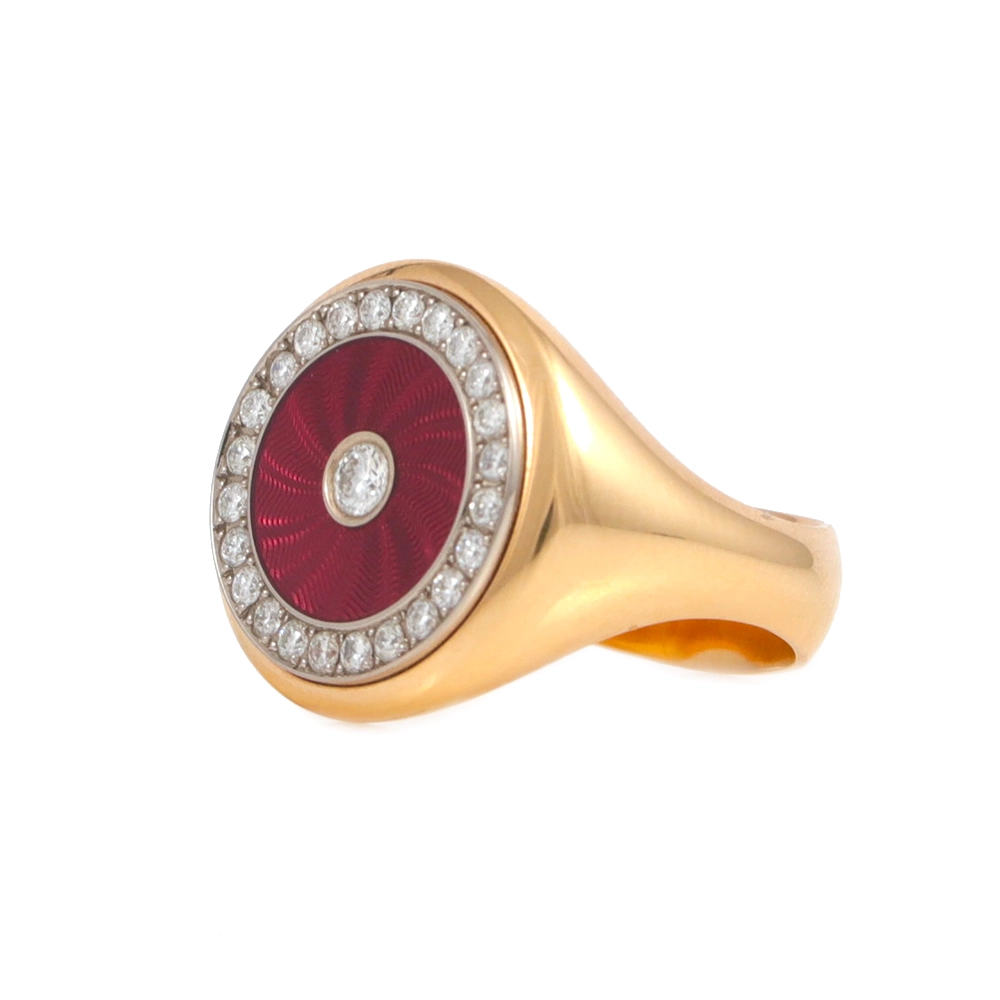 Elegant round ring made of rose gold with a light red translucent enamel surface showing a fine wave pattern. The enamel is framed by 25 sparkling diamonds. The shank is tapered below the head and widens on the underside for comfort and a distinctive look.