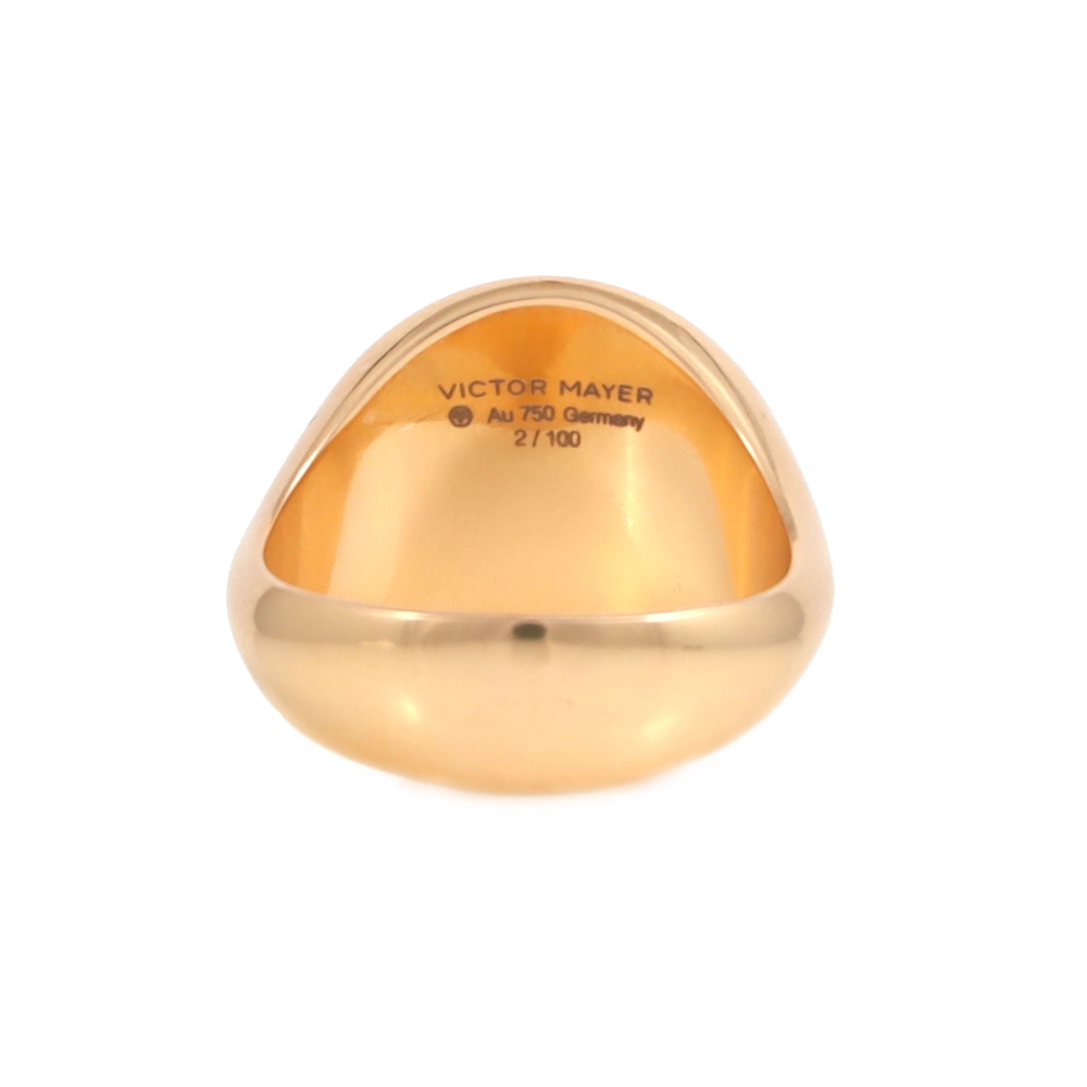 Elegant round ring made of rose gold with a light red translucent enamel surface showing a fine wave pattern. The enamel is framed by 25 sparkling diamonds. The shank is tapered below the head and widens on the underside for comfort and a distinctive look.