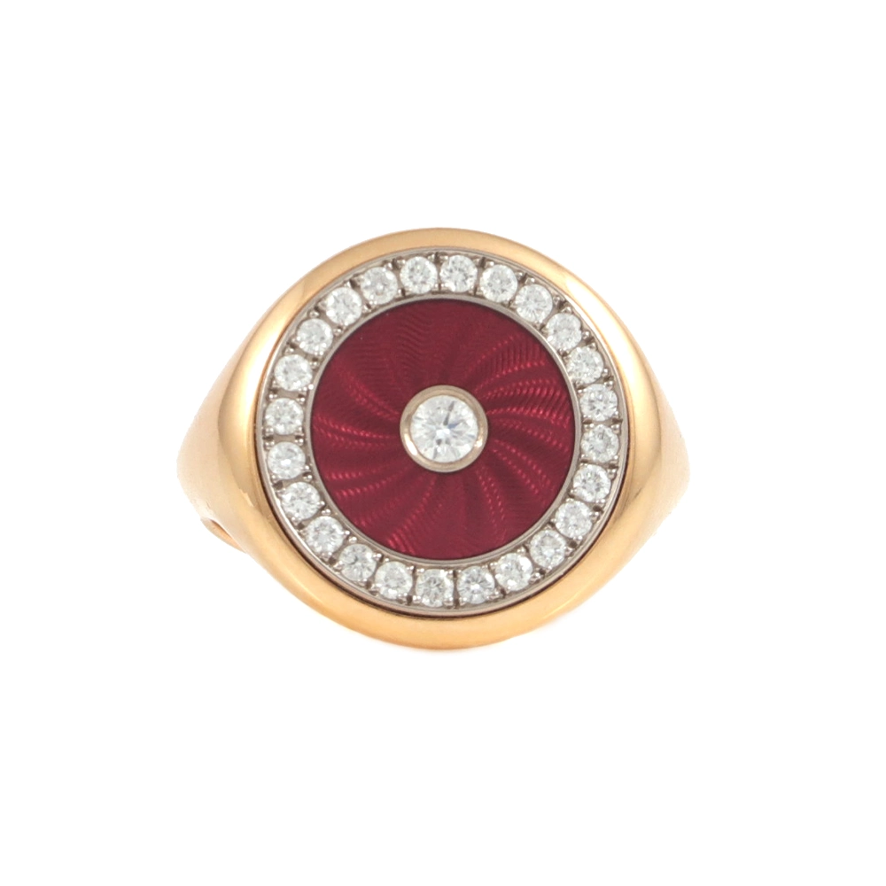 Elegant round ring made of rose gold with a light red translucent enamel surface showing a fine wave pattern. The enamel is framed by 25 sparkling diamonds. The shank is tapered below the head and widens on the underside for comfort and a distinctive look.