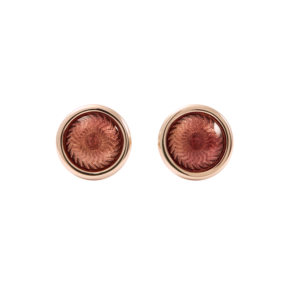 Round Candy ear studs in rose gold with slightly domed purple enamel over windmill guilloché, diameter 11 mm.