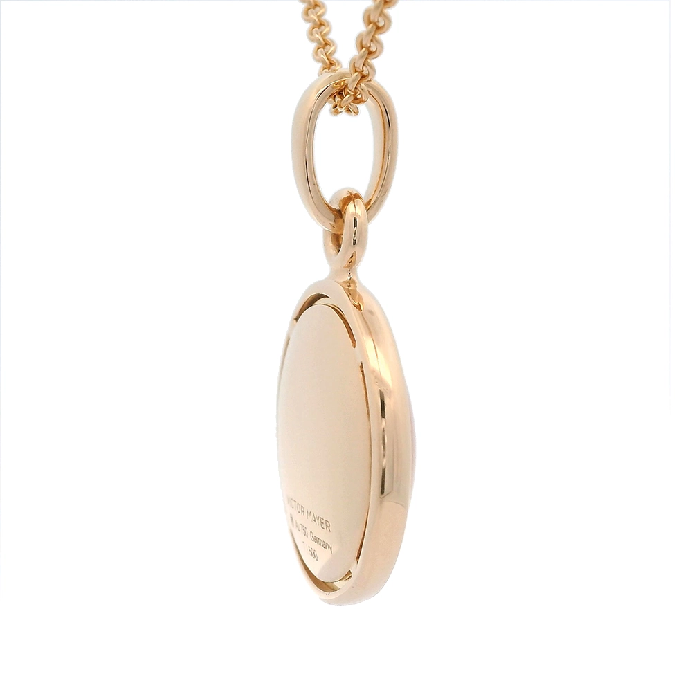Runder Anhänger Candy aus Roségold mit gewölbter rosafarbener Feueremaillefläche über Windmühlen-Guilloché, Durchmesser 17,6 mm.