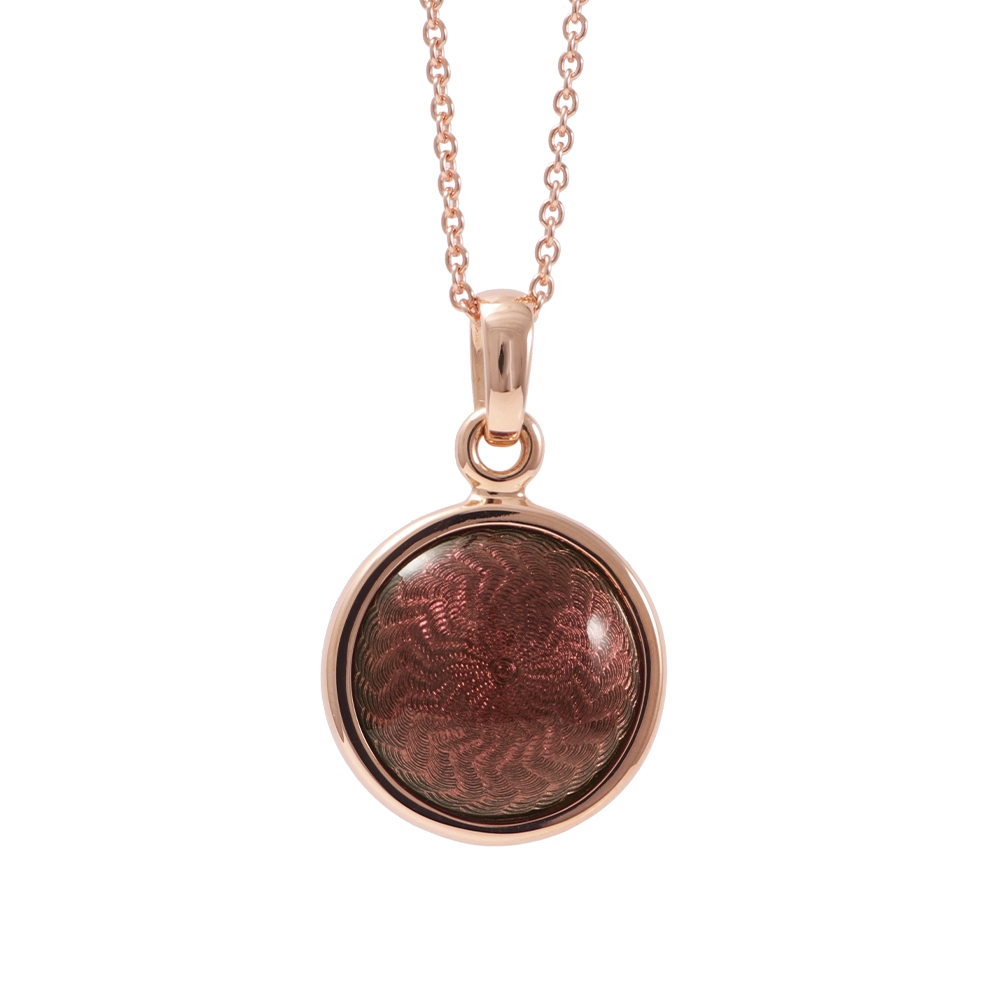 Round Candy pendant in rose gold with slightly domed purple enamel surface over windmill guilloché, diameter 17.6 mm.