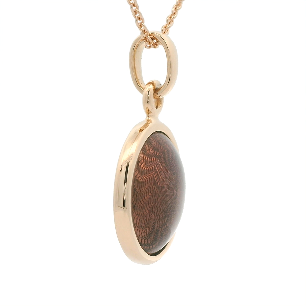 Round Candy pendant in rose gold with slightly domed purple enamel surface over windmill guilloché, diameter 17.6 mm.