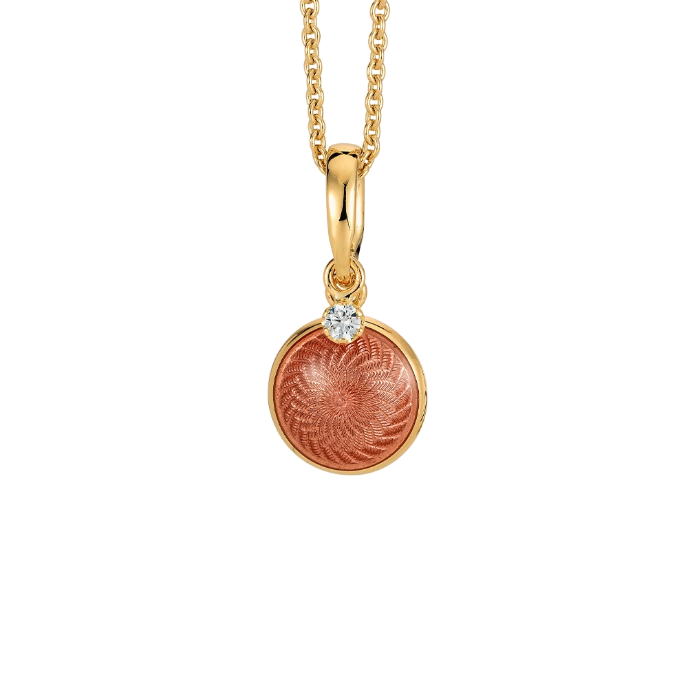 Round, slightly domed Candy pendant in yellow gold with pink enamel over windmill guilloché and a freely suspended diamond, diameter 10 mm.