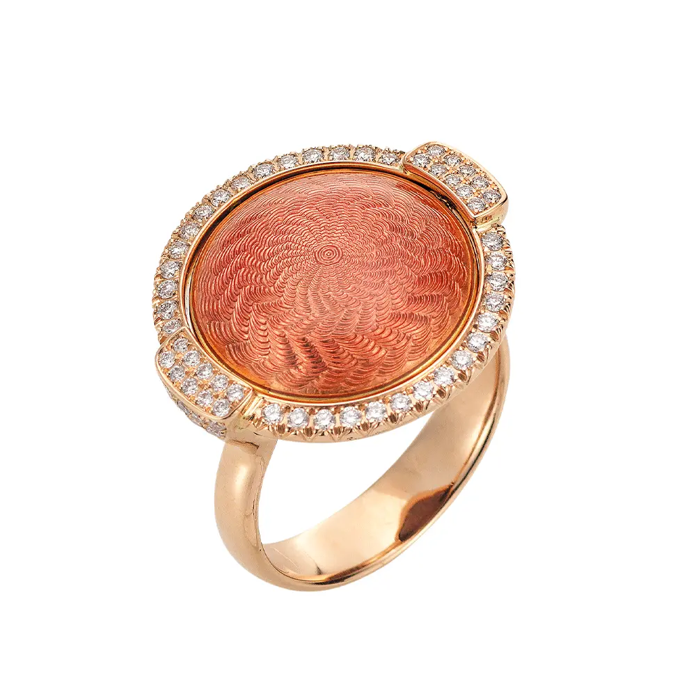 Drehring Candy aus Roségold mit drehbarer Linse, rosa und purpurner Emaille, Windmühlenmuster und 78 Brillanten, Größe 22 x 20 mm.