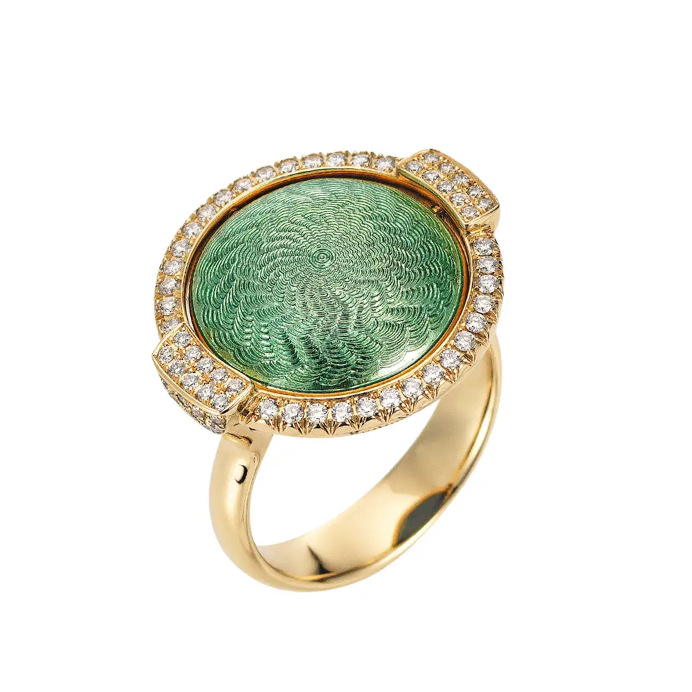 Swivel ring Candy in yellow gold with a round domed centre lens that can be turned to show medium blue or light turquoise enamel, decorated with a windmill guilloché pattern and framed with 78 diamonds, 20 x 22 mm.