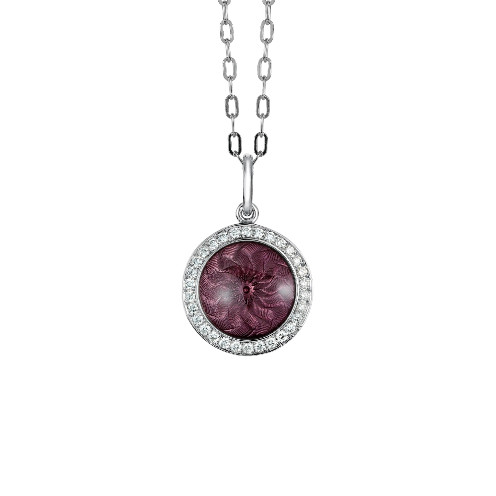 Runder Anhänger Trance aus Weißgold mit konkav gewölbter rosafarbener Feueremaille über Windmühlen Guilloché und feinem Brillantkranz, Durchmesser 12,5 mm.