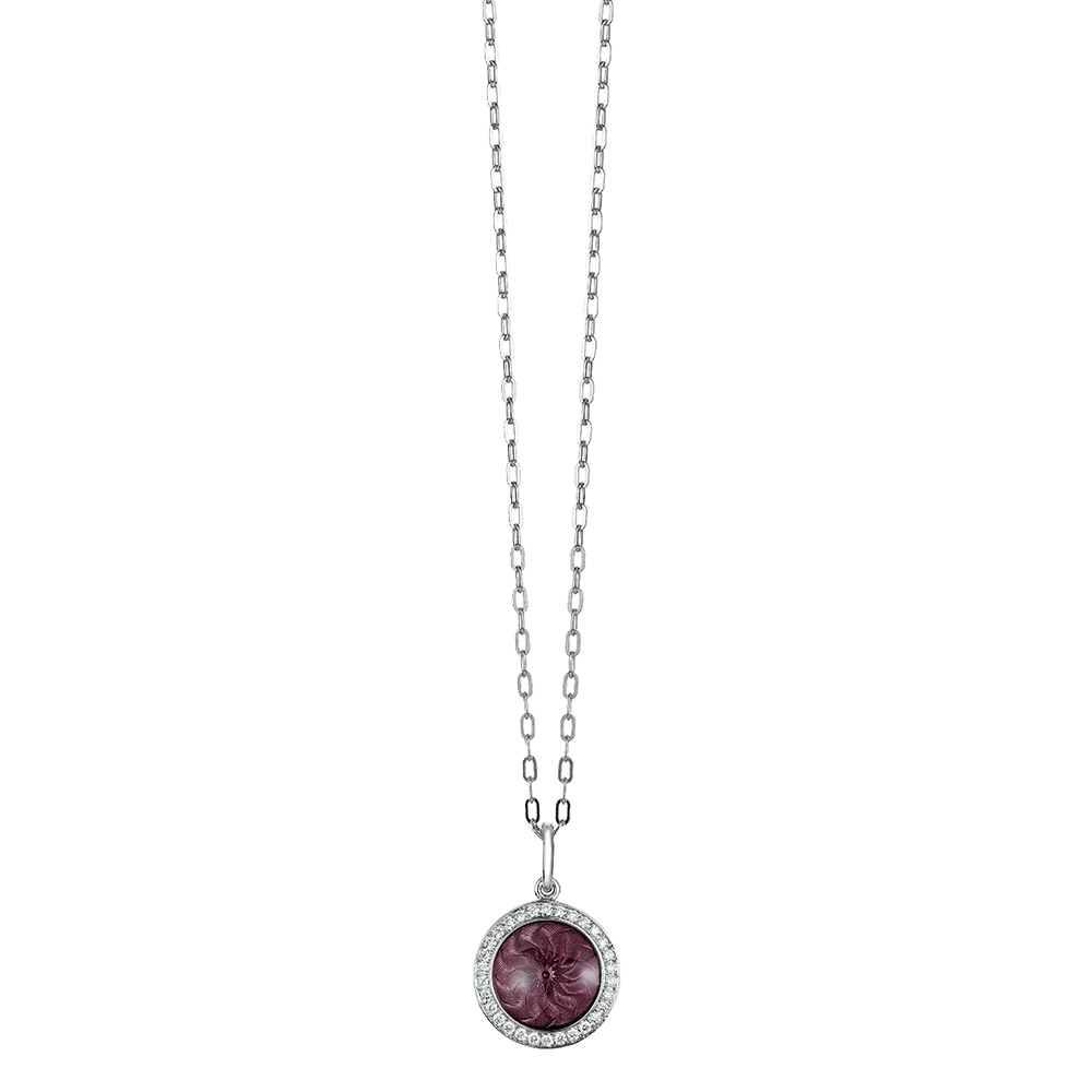 Runder Anhänger Trance aus Weißgold mit konkav gewölbter rosafarbener Feueremaille über Windmühlen Guilloché und feinem Brillantkranz, Durchmesser 12,5 mm.