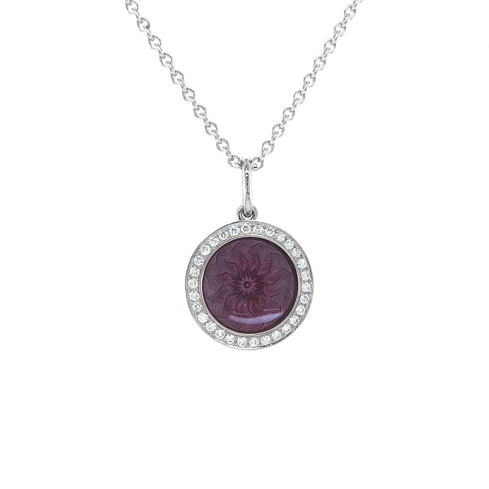 Runder Anhänger Trance aus Weißgold mit konkav gewölbter rosafarbener Feueremaille über Windmühlen Guilloché und feinem Brillantkranz, Durchmesser 12,5 mm.