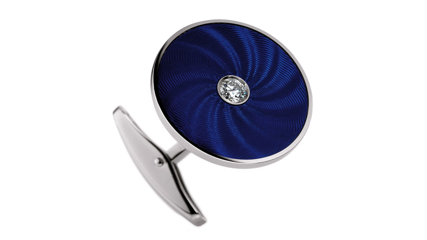victor-mayer-globetrotter-cufflink-white-gold-blue-guilloche-enamel-diamond-new Victor Mayer Globetrotter cufflink in yellow gold with blue guilloché enamel and a diamond.
