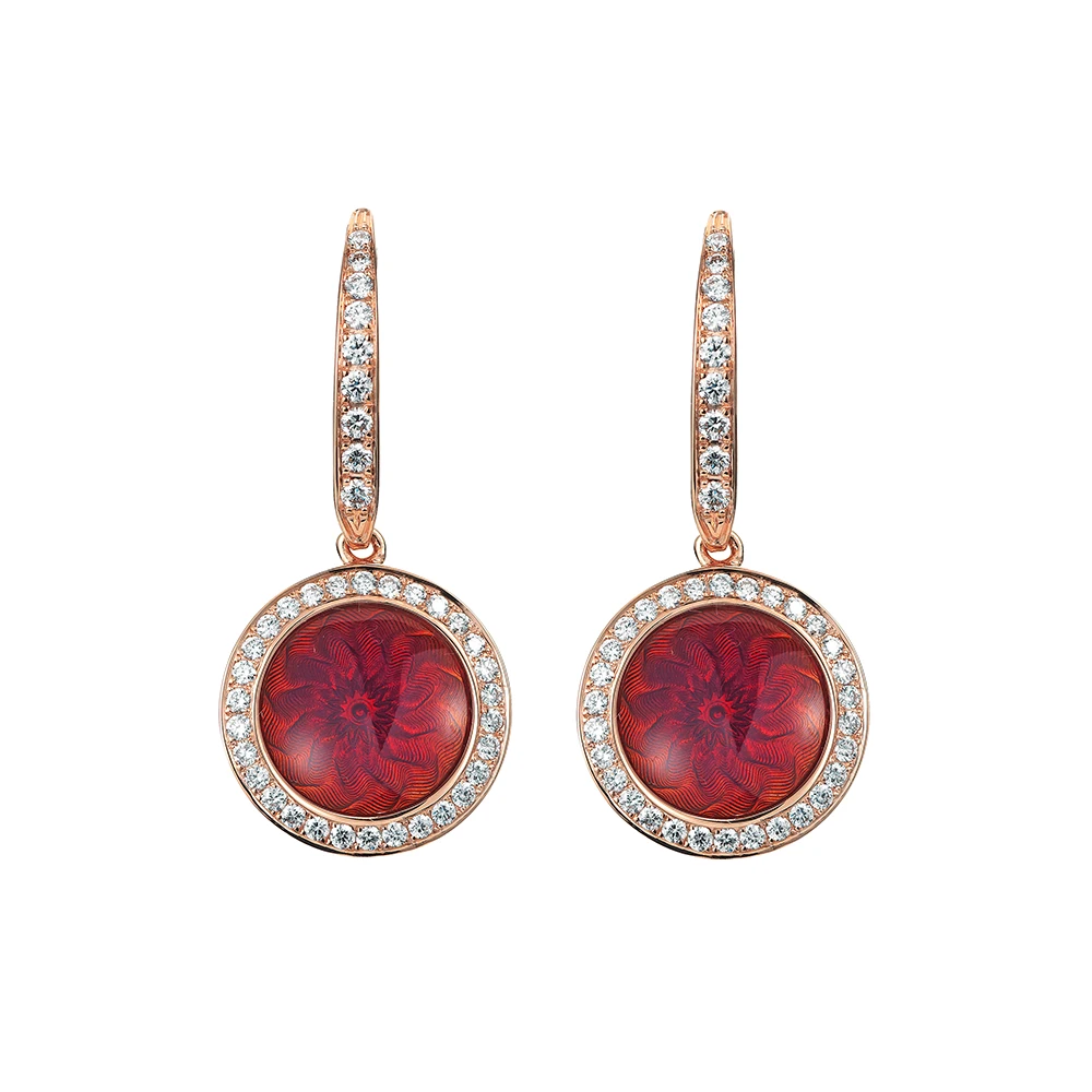 Trance ear hooks in rose and yellow gold, featuring a round pendant element attached to the hook, set with diamonds and concave translucent opalescent raspberry enamel over windmill guilloché, diameter 12.5 mm.