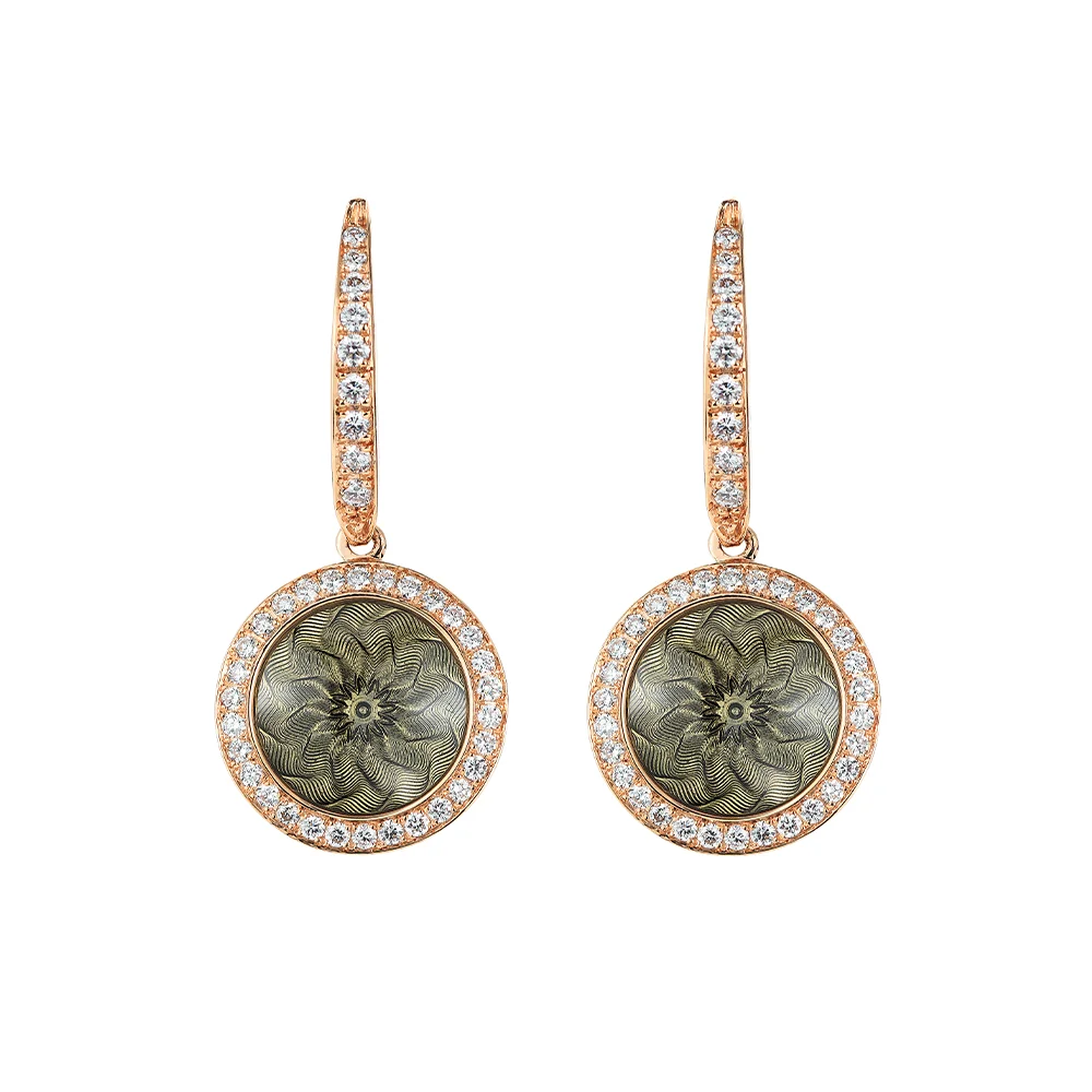 Trance ear hooks in rose and yellow gold, featuring a round pendant element attached to the hook, set with diamonds and concave translucent tahiti-grey enamel over windmill guilloché, diameter 12.5 mm.