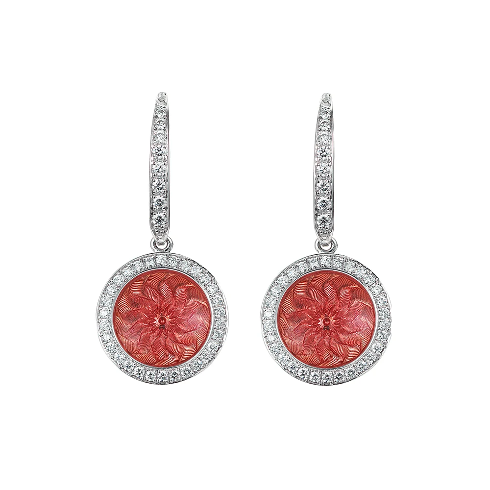 Trance ear hooks in white and yellow gold, featuring a round pendant element attached to the hook, set with diamonds and concave translucent pink enamel over windmill guilloché, diameter 12.5 mm.