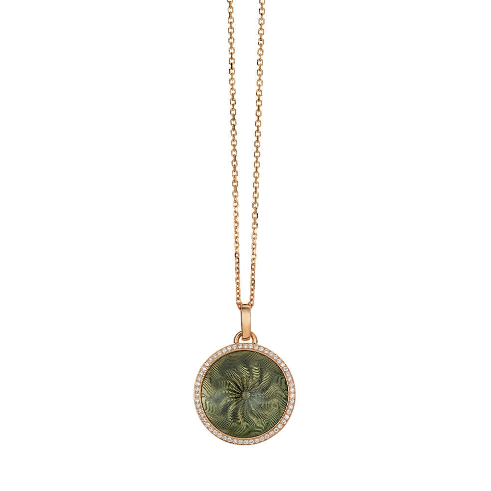 Trance pendant in 18k rose gold with concave translucent tahiti-grey enamel, windmill guilloché and 55 brilliant-cut diamonds 0.33 ct, diameter 24,2 mm, limited to 300 pieces.
