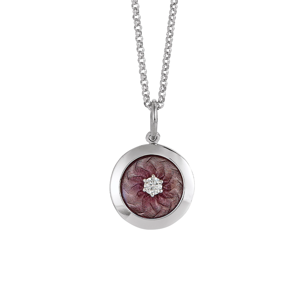 Runder Anhänger Trance aus Weißgold mit konkav gewölbter rosa Feueremaille über Windmühlen Guilloché und zentralem Brillanten, Durchmesser 12,5 mm.