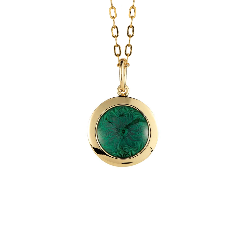 Runder Anhänger Trance aus Gelbgold mit konkav gewölbter smaragdgrüner Feueremaille über Windmühlen Guilloché, Durchmesser 12,5 mm.